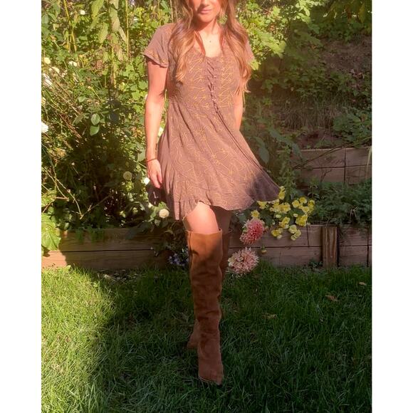 Embroidered lace-up mini dress Brown cocoa Boho Festival Forest - Picture 6 of 9